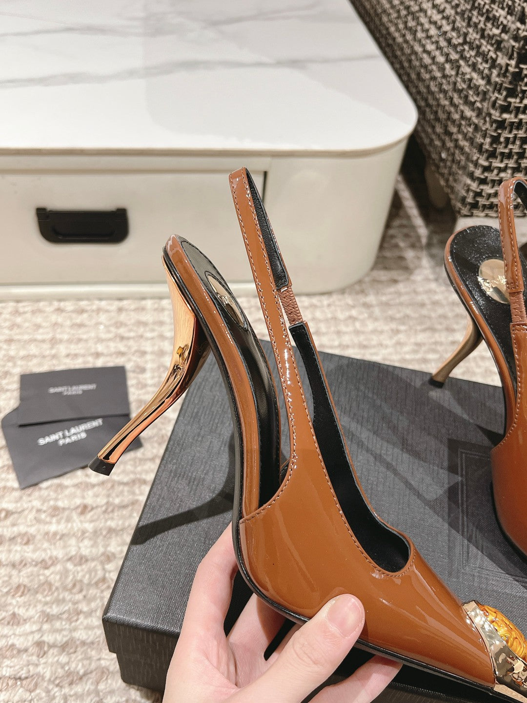 DUNE HIGH 10 CM SLINGBACK PUMPS IN BRONZE BROWN PATENT LEATHER WITH CRYSTAL