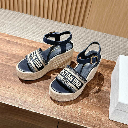 DWAY WEDGE SANDAL IN DEEP BLUE EMBROIDERED COTTON RAFFIA SOLE