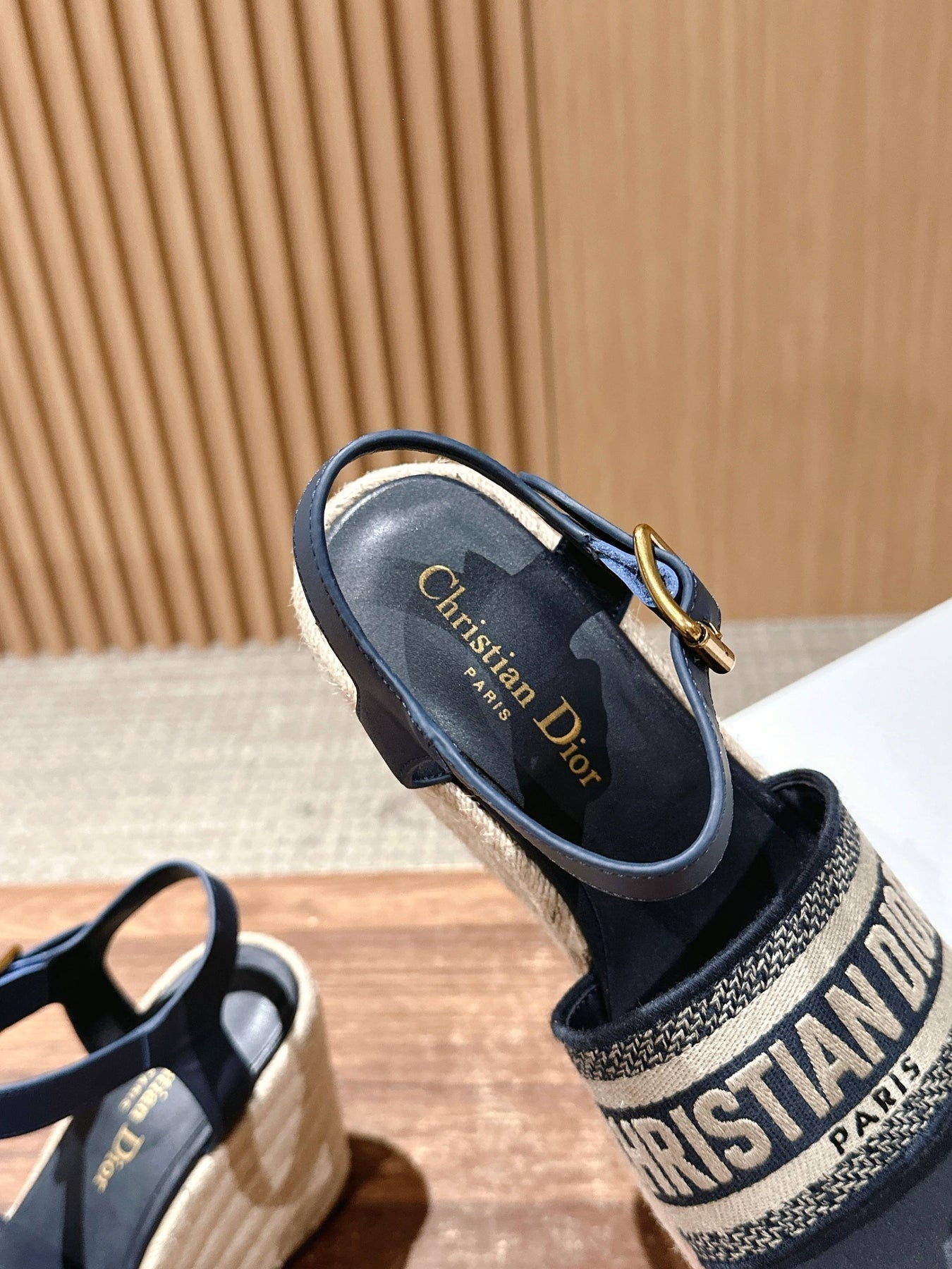 DWAY WEDGE SANDAL IN DEEP BLUE EMBROIDERED COTTON RAFFIA SOLE
