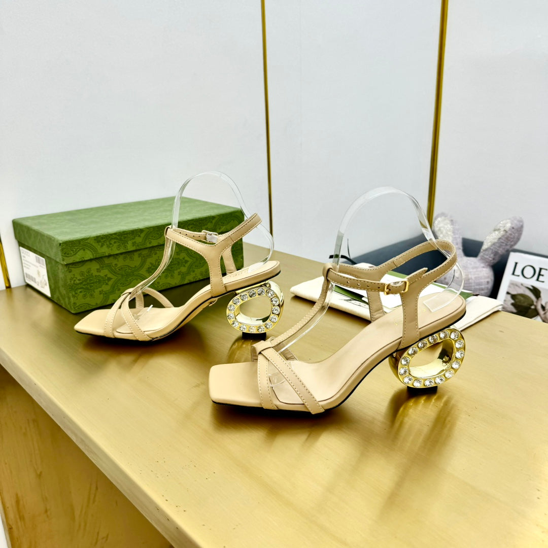 MEDIUM-HEEL SANDAL IN TAN BEIGE CALFSKIN GOLD HARDWARE WITH RHINSTONES