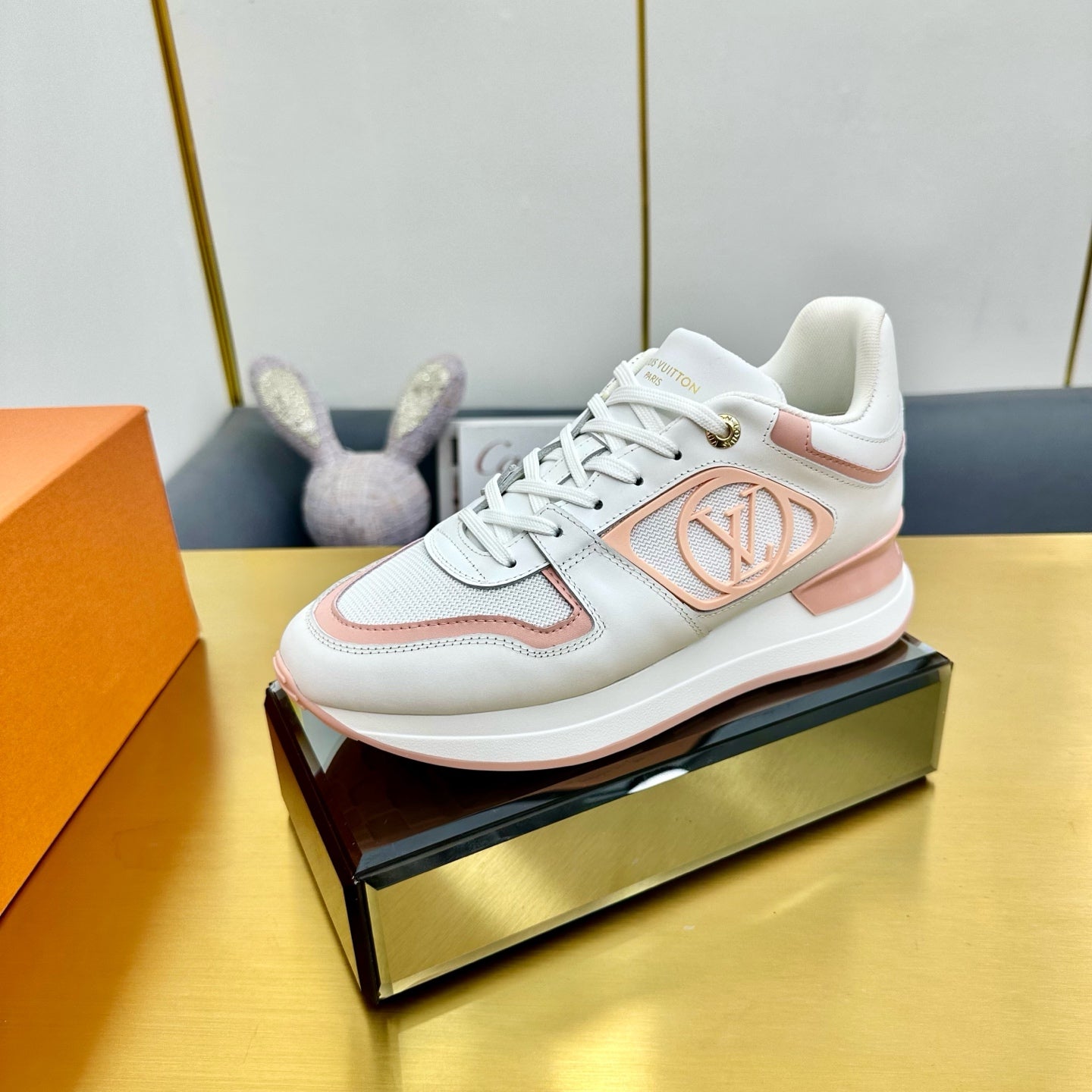 NEO RUN AWAY SNEAKER IN WHITE MIX PEACH PINK CALFSKIN