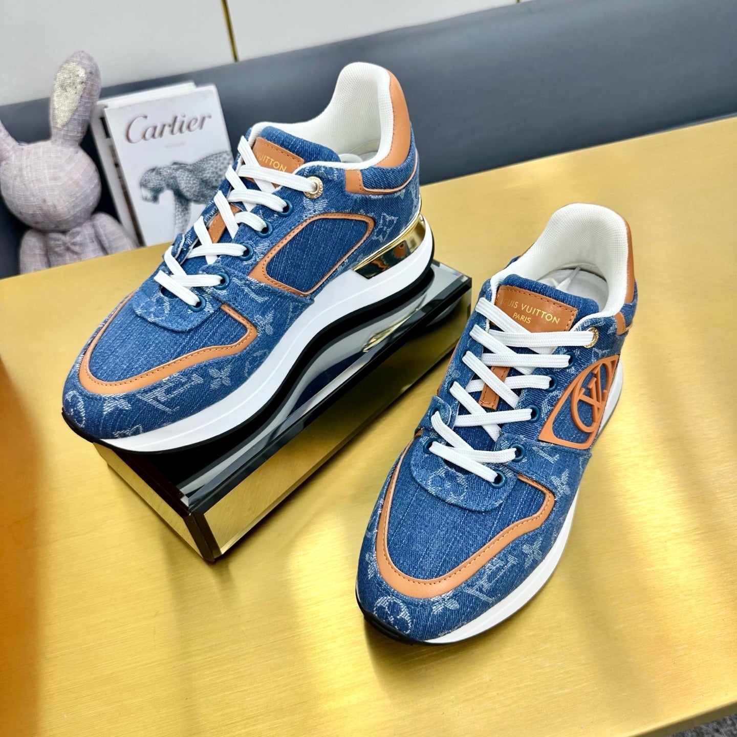 NEO RUN AWAY SNEAKER IN CLASSIC BLUE MONOGRAM DENIM AND ORANGE CALFSKIN