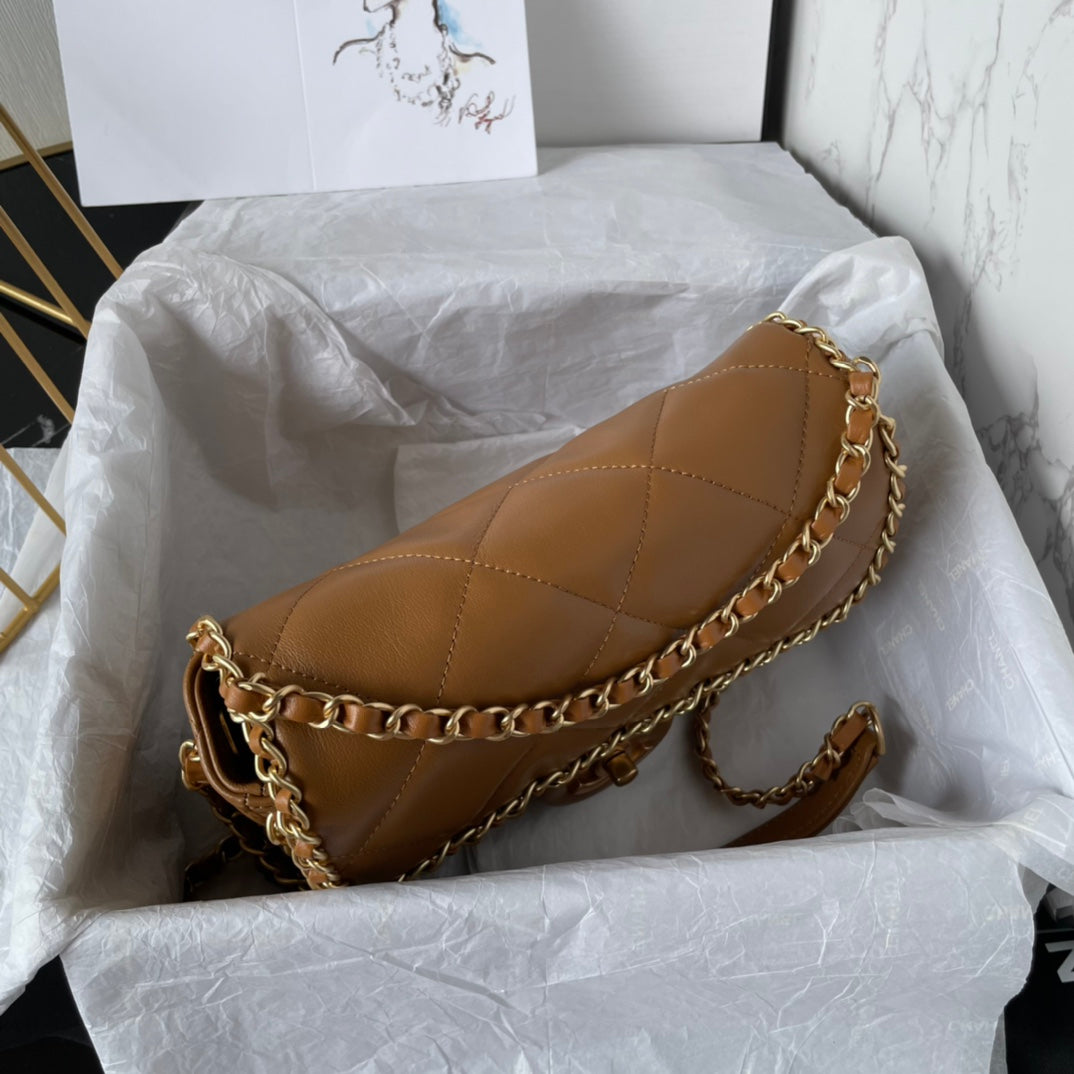 FLAP BAG 21 IN WALNUT BROWN QUILTED SOFT LAMBSKIN GOLD HARDWARE