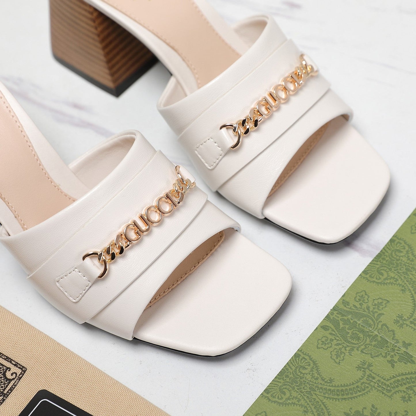 GG High Heels Half Slippers White