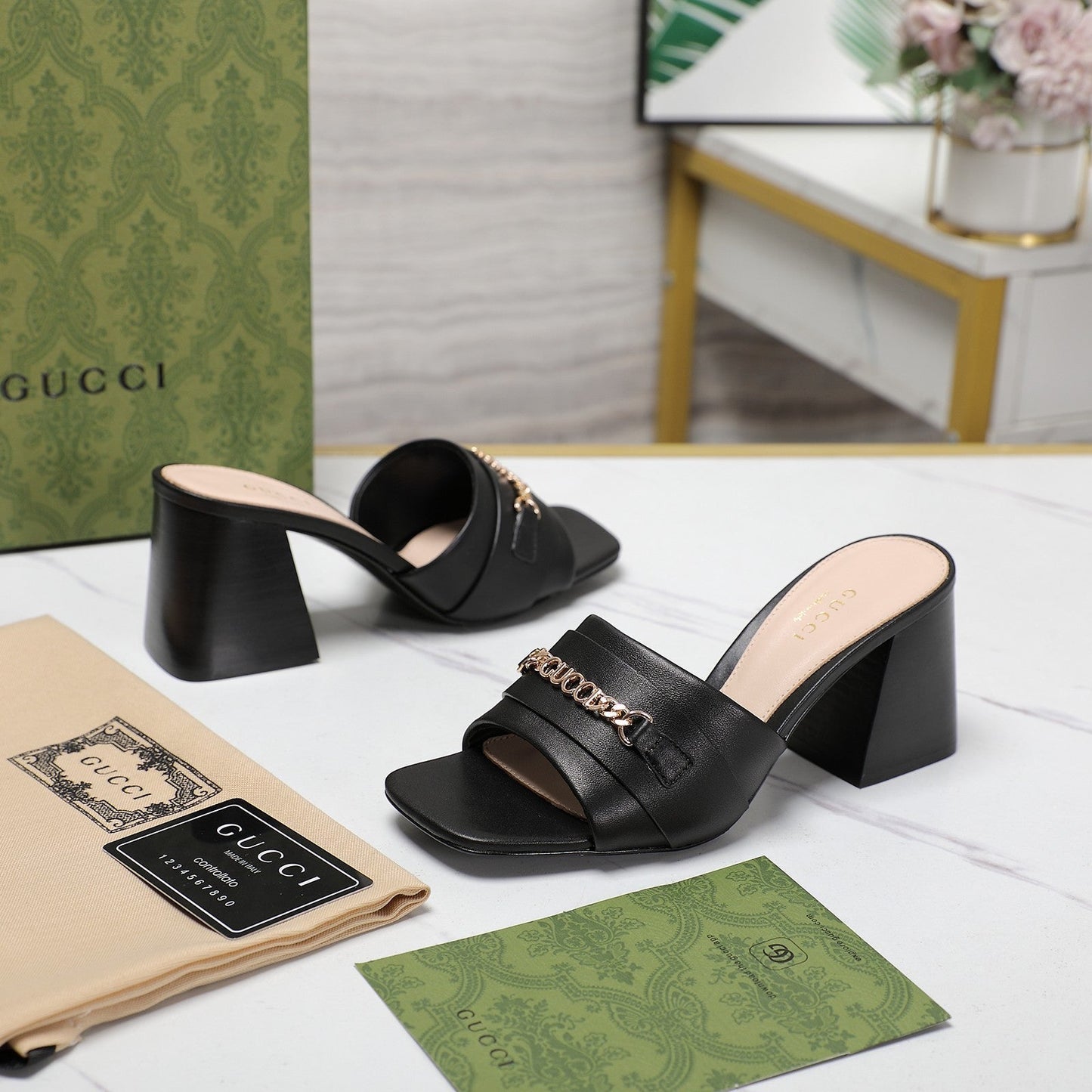 GG High Heels Half Slippers Black