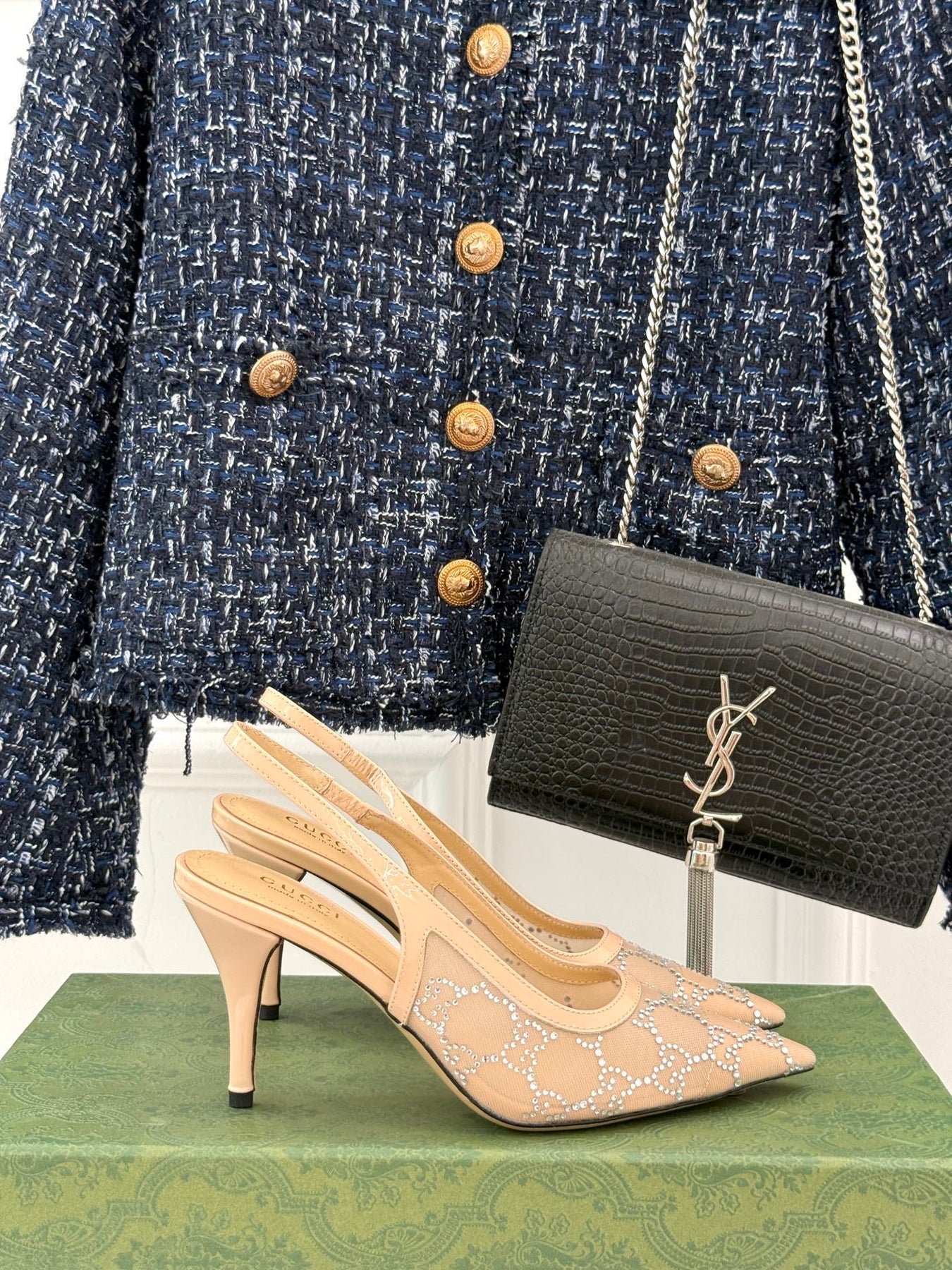 GG HIGH SLINGBACK 8.5 CM IN BEIGE CLASSIC POINTED-TOE MESH WITH RHINESTONE EMBELLISHMENTS