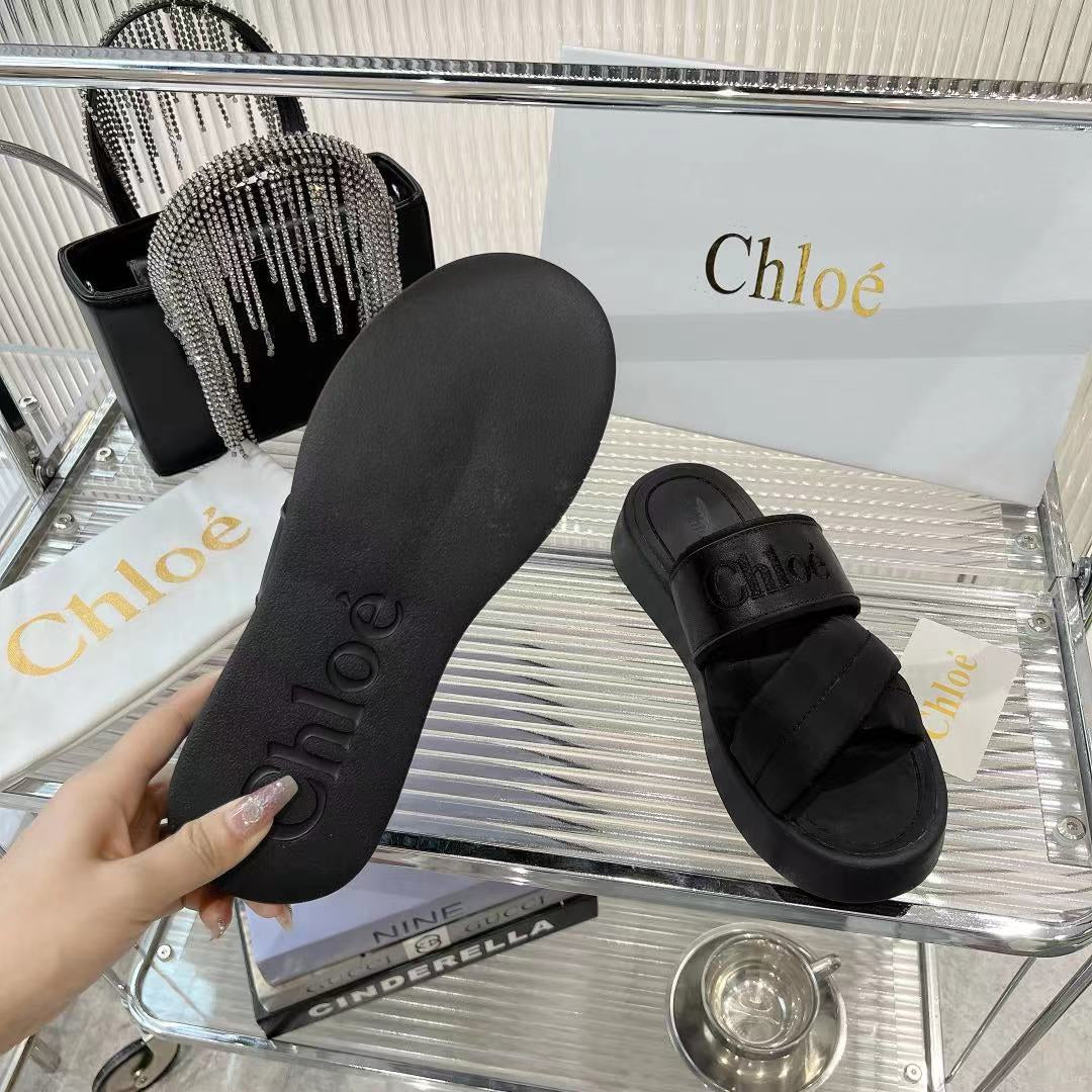 MILA FLAT SLIDES 5 CM IN BLACK CALFSKIN AND RE-NYLON