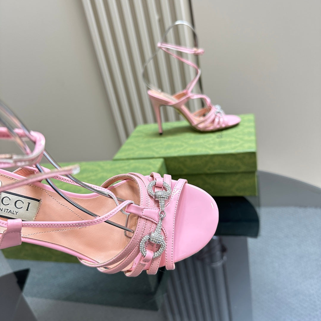 CRYSTAL HORSEBIT STRAPPY SANDAL 10.5CM IN LIGHT PINK PATENT LEATHER