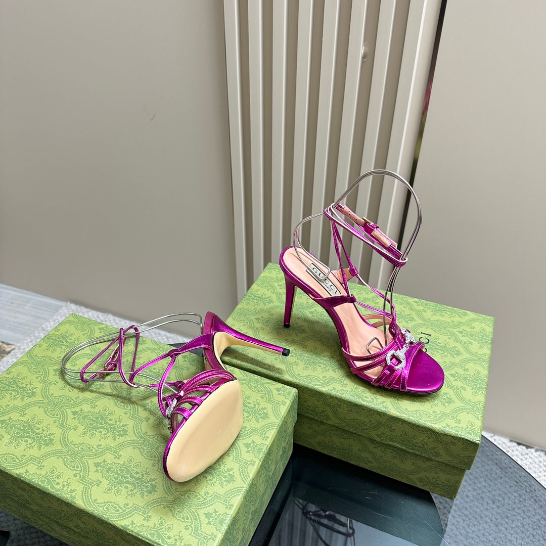 CRYSTAL HORSEBIT STRAPPY SANDAL 10.5CM IN HOT PINK PATENT LEATHER