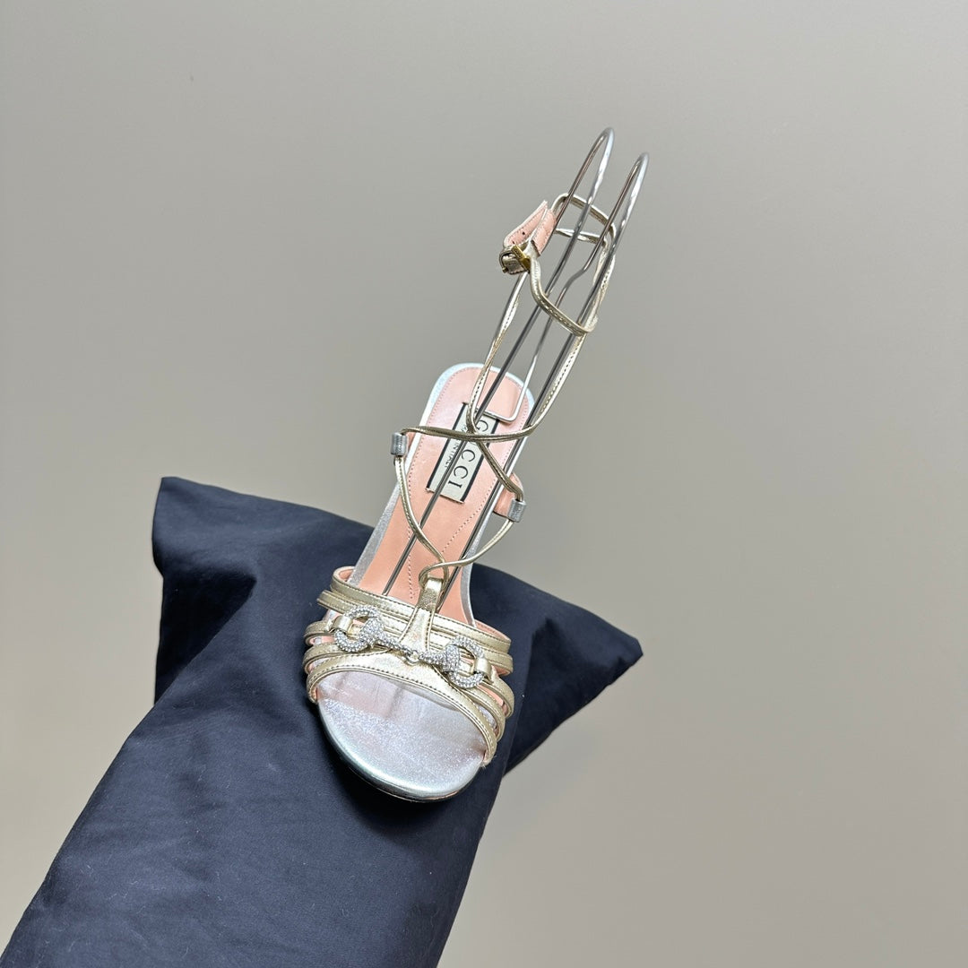 CRYSTAL HORSEBIT STRAPPY SANDAL 10.5CM IN PASTEL YELLOW PATENT LEATHER