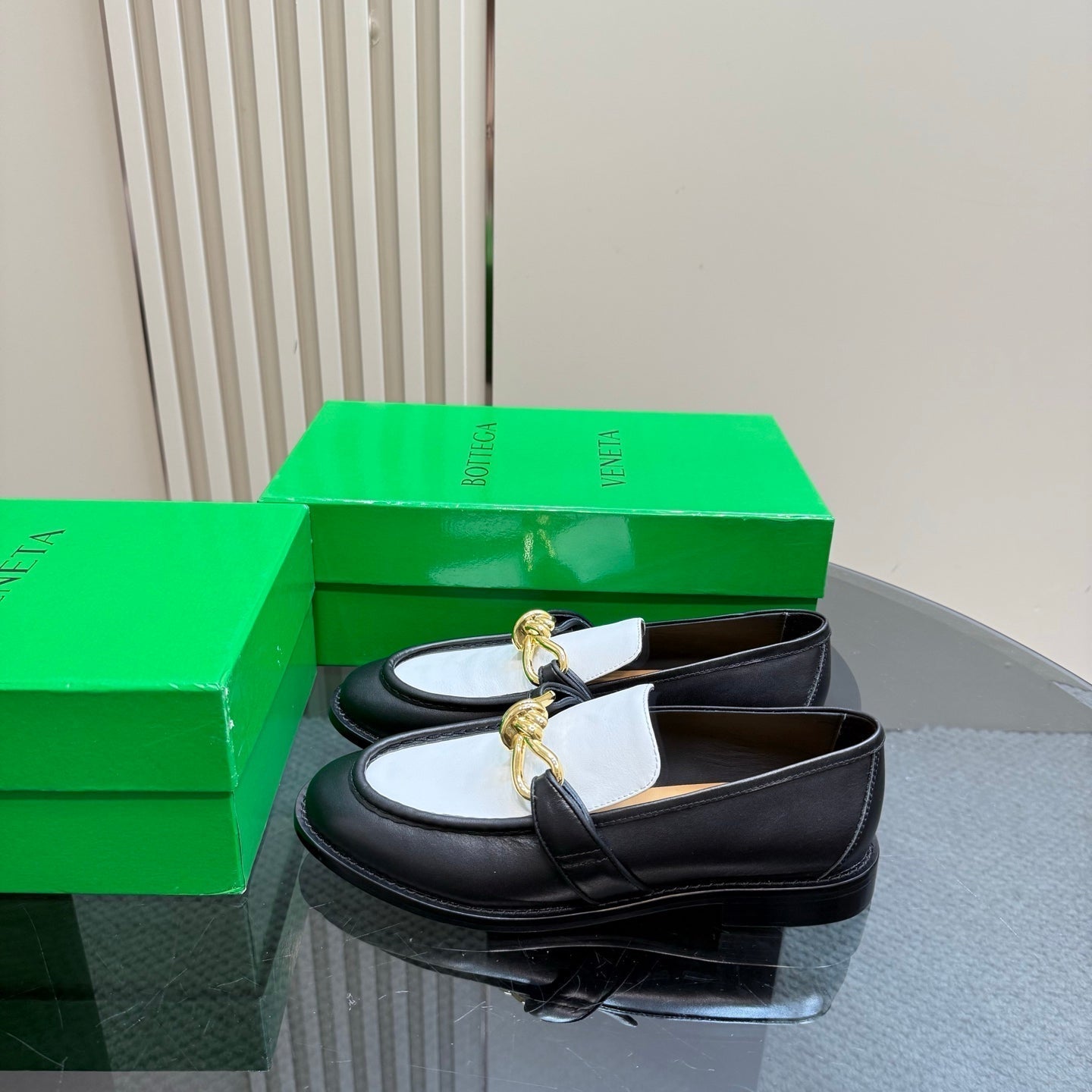 ASTAIRE LOAFER IN WHITE MIX BLACK CALFSKIN WITH GOLD HARDWARE