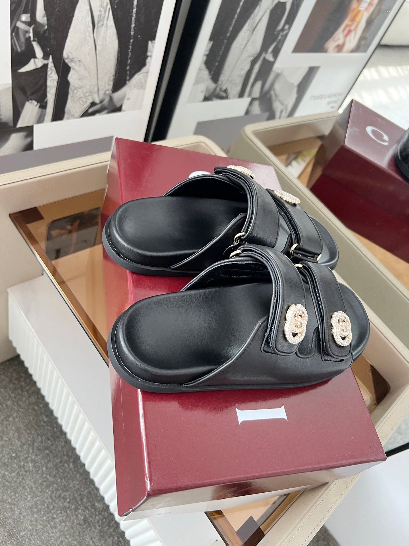 DOUBLE G CRYSTAL FLAT SANDALS IN BLACK SOFT LAMBSKIN