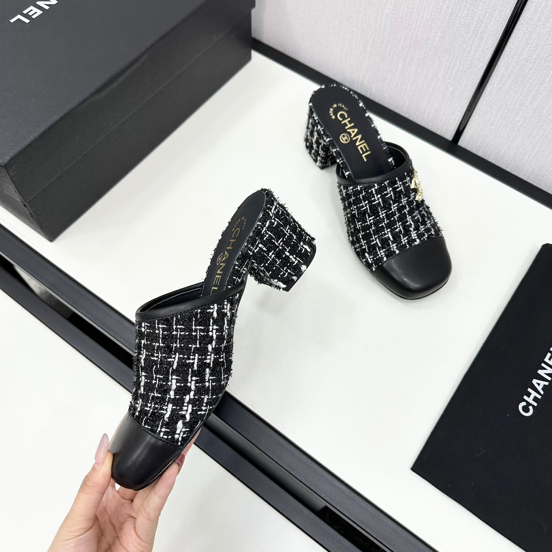 CC HIGH MULE IN BLACK MIX WHITE WOOL TWEED AND CALFSKIN