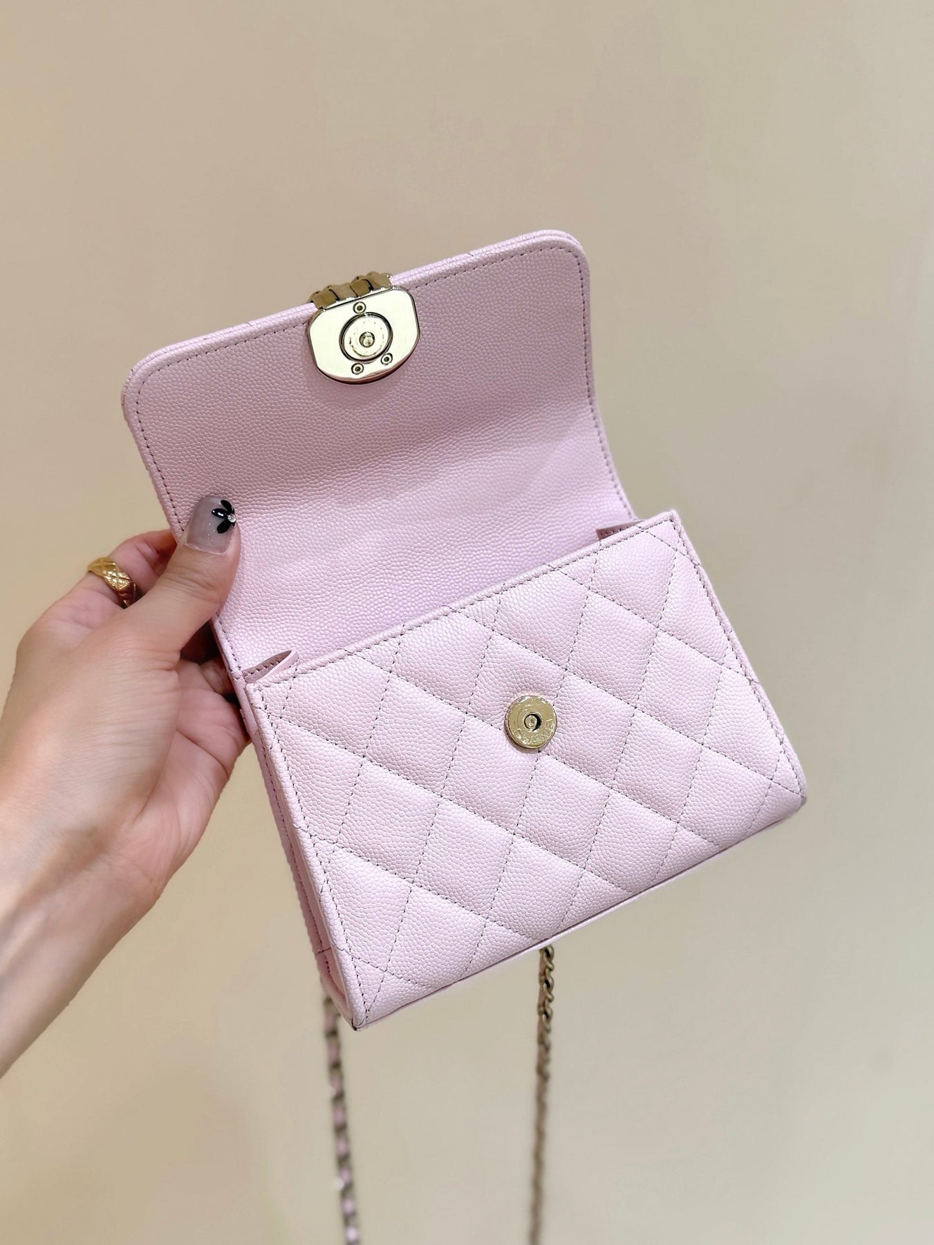 QUILTED MINI FLAP BAG WITH HANDLE 14 IN BABY PINK LAMBSKIN GOLD PLATED METAL