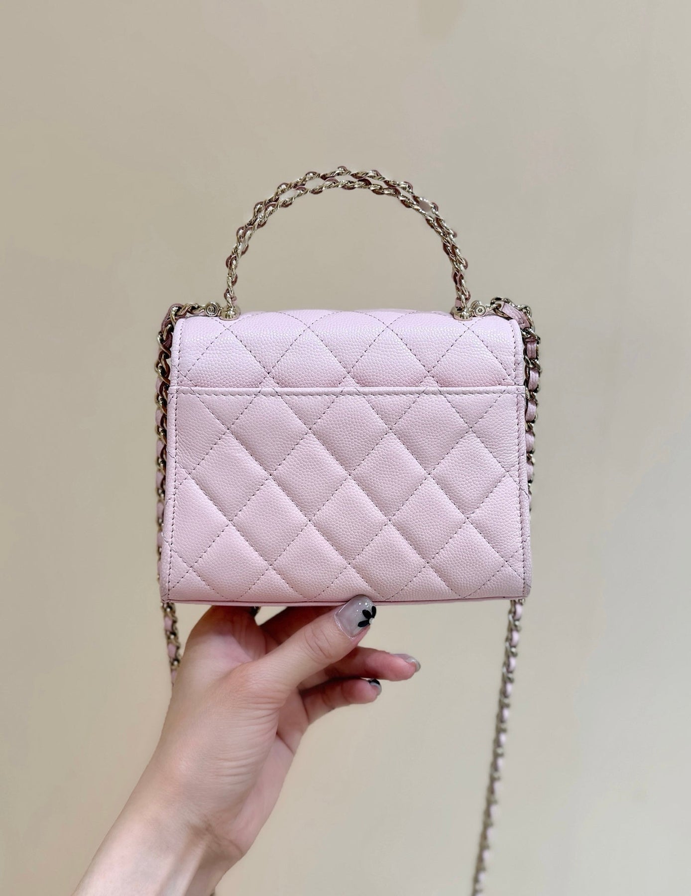 QUILTED FLAP BAG WITH HANDLE 18 IN BABY PINK LAMBSKIN GOLD HARDWARE
