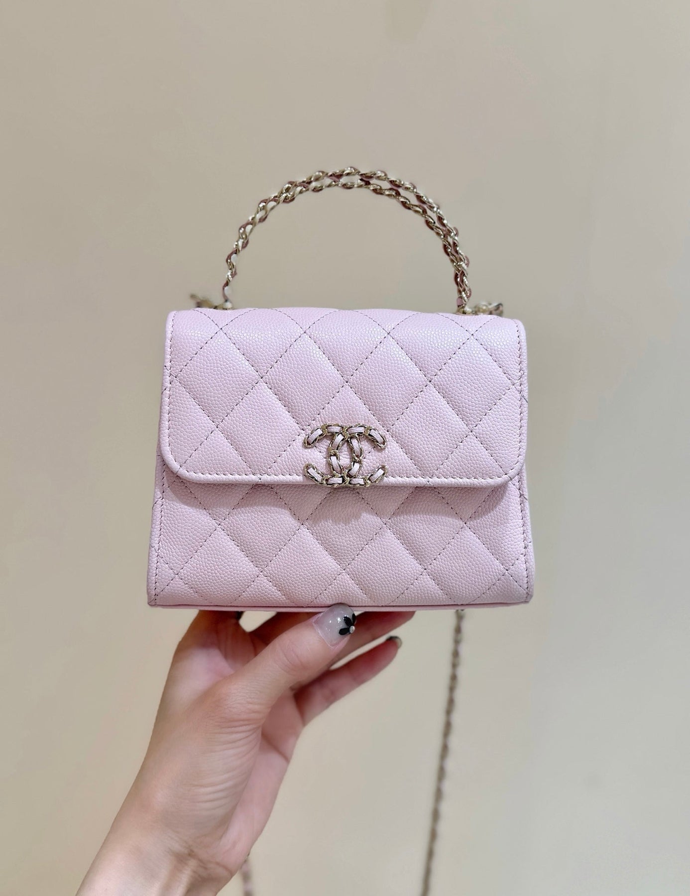 QUILTED MINI FLAP BAG WITH HANDLE 14 IN BABY PINK LAMBSKIN GOLD PLATED METAL
