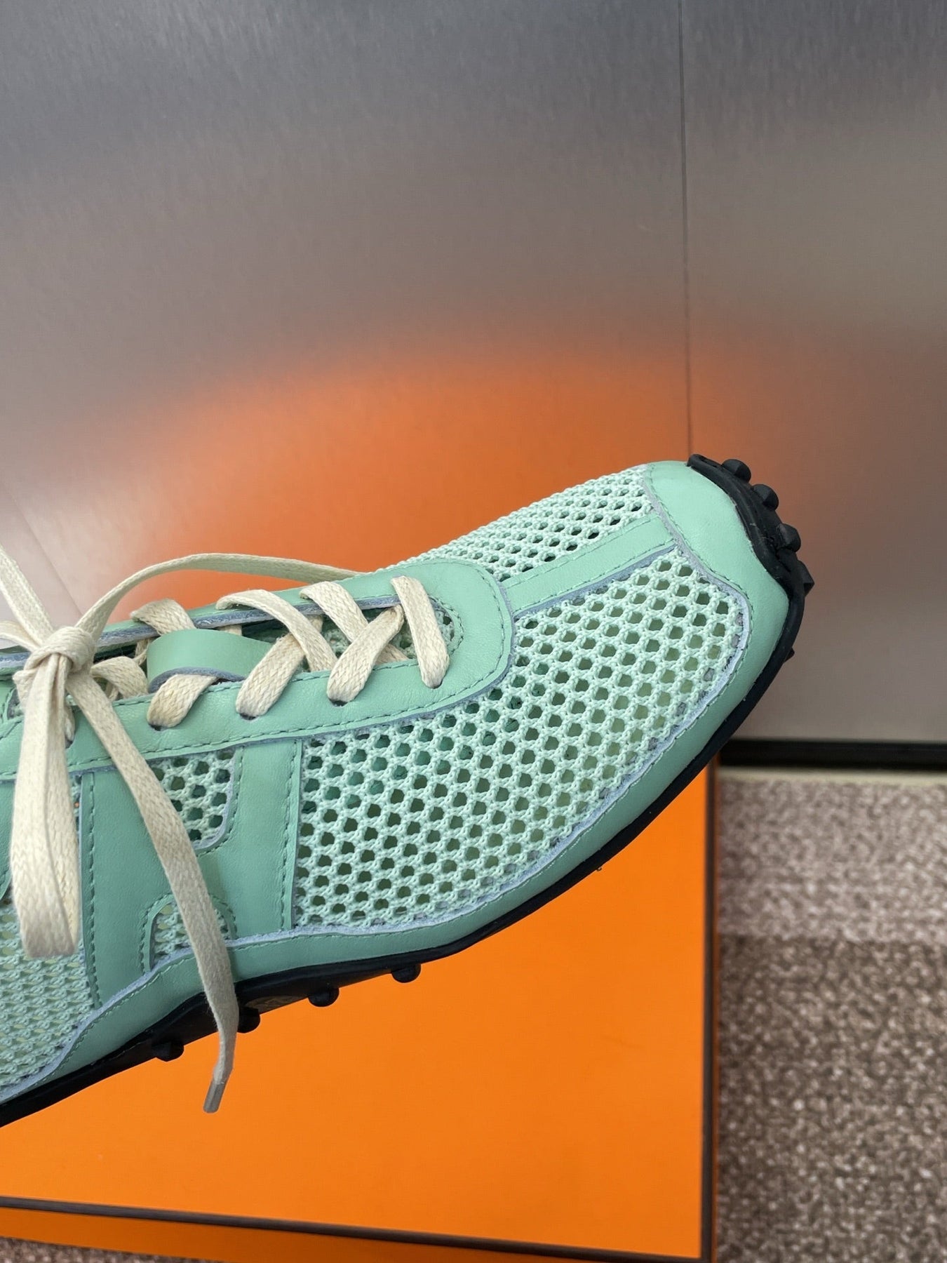 KIGA SNEAKER IN GREEN MINT CROCHET KNIT AND CALFSKIN