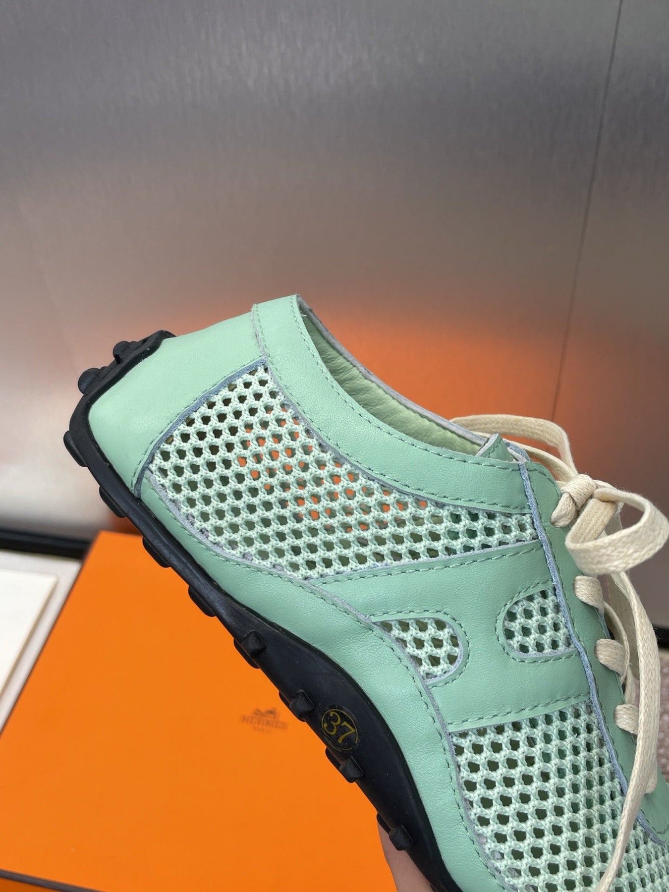 KIGA SNEAKER IN GREEN MINT CROCHET KNIT AND CALFSKIN