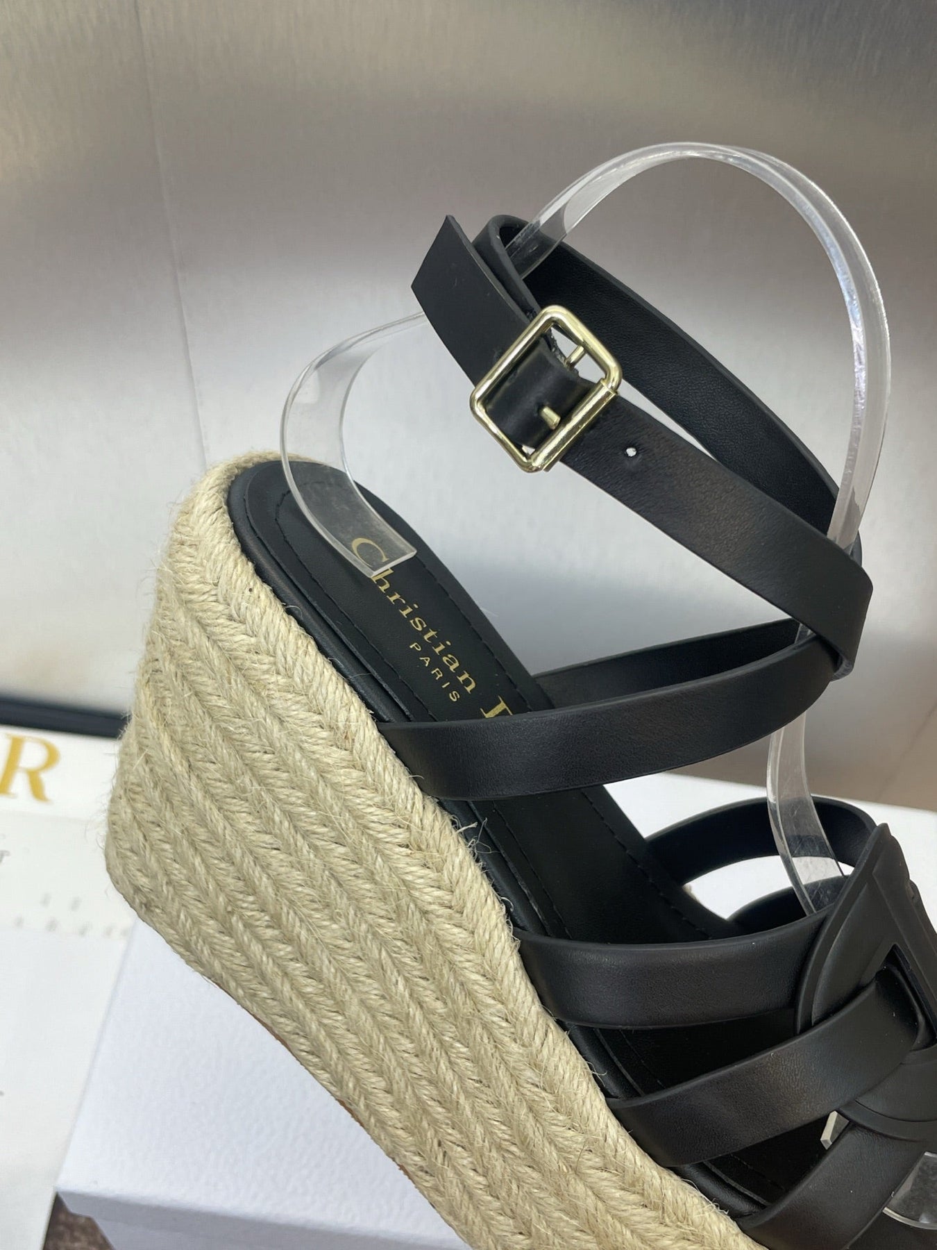 D-CLUB 25S HIGH HEEL WEDGE 100MM IN BLACK CALFSKIN RAFFIA SOLE