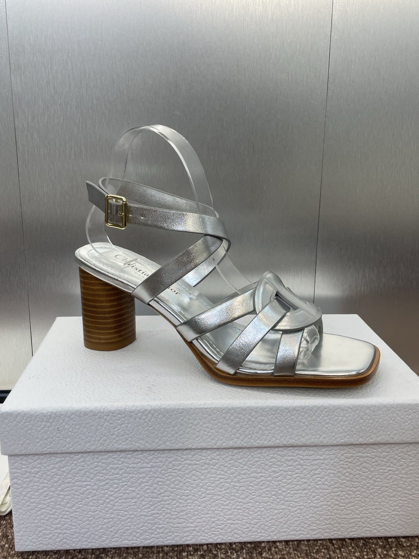 D-CLUB HIGH HEEL SLIDE 25S 80MM IN SILVER GLOSSY CALFSKIN