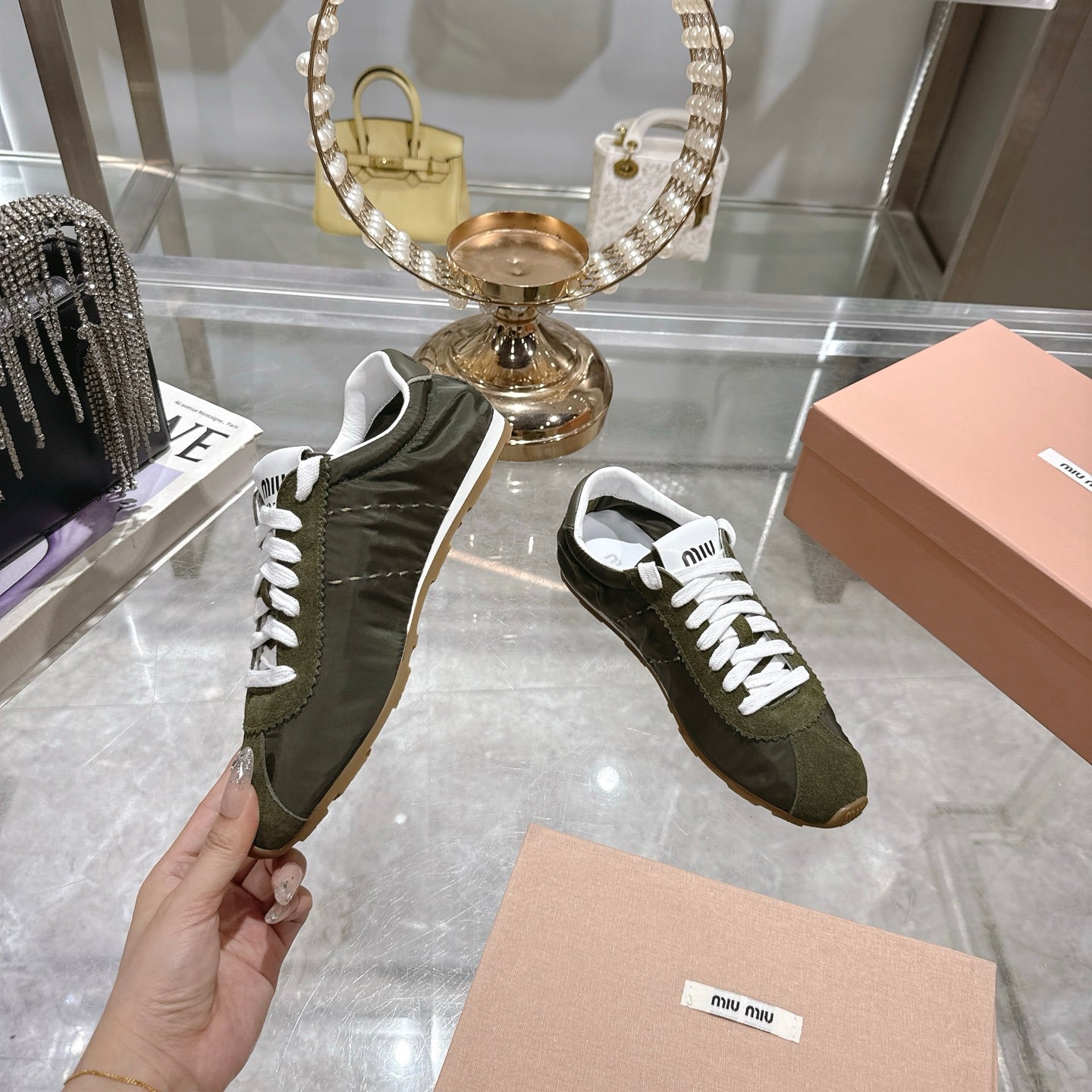 PLUME NAPPA SNEAKERS IN DARK GREEN SUEDE AND CANVAS