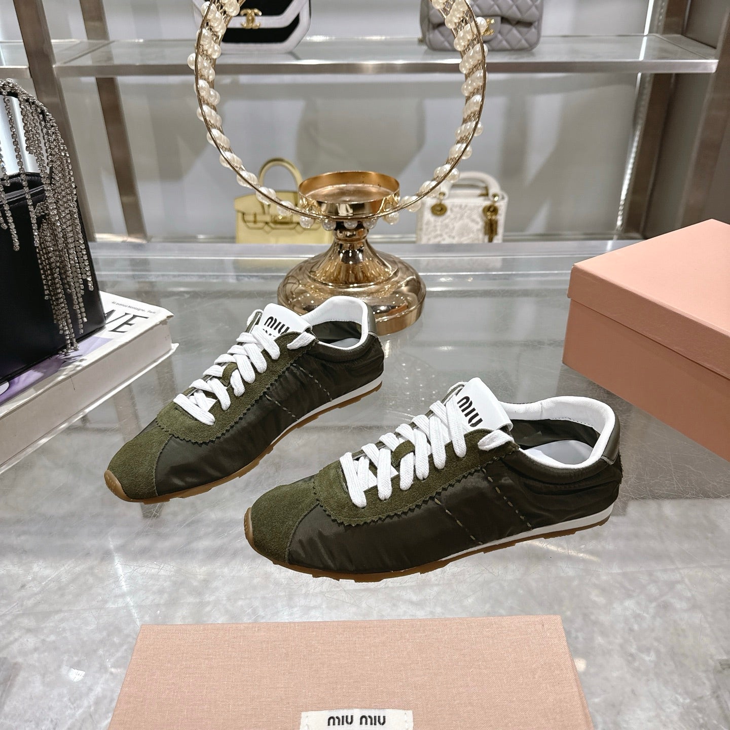 PLUME NAPPA SNEAKERS IN DARK GREEN SUEDE AND CANVAS