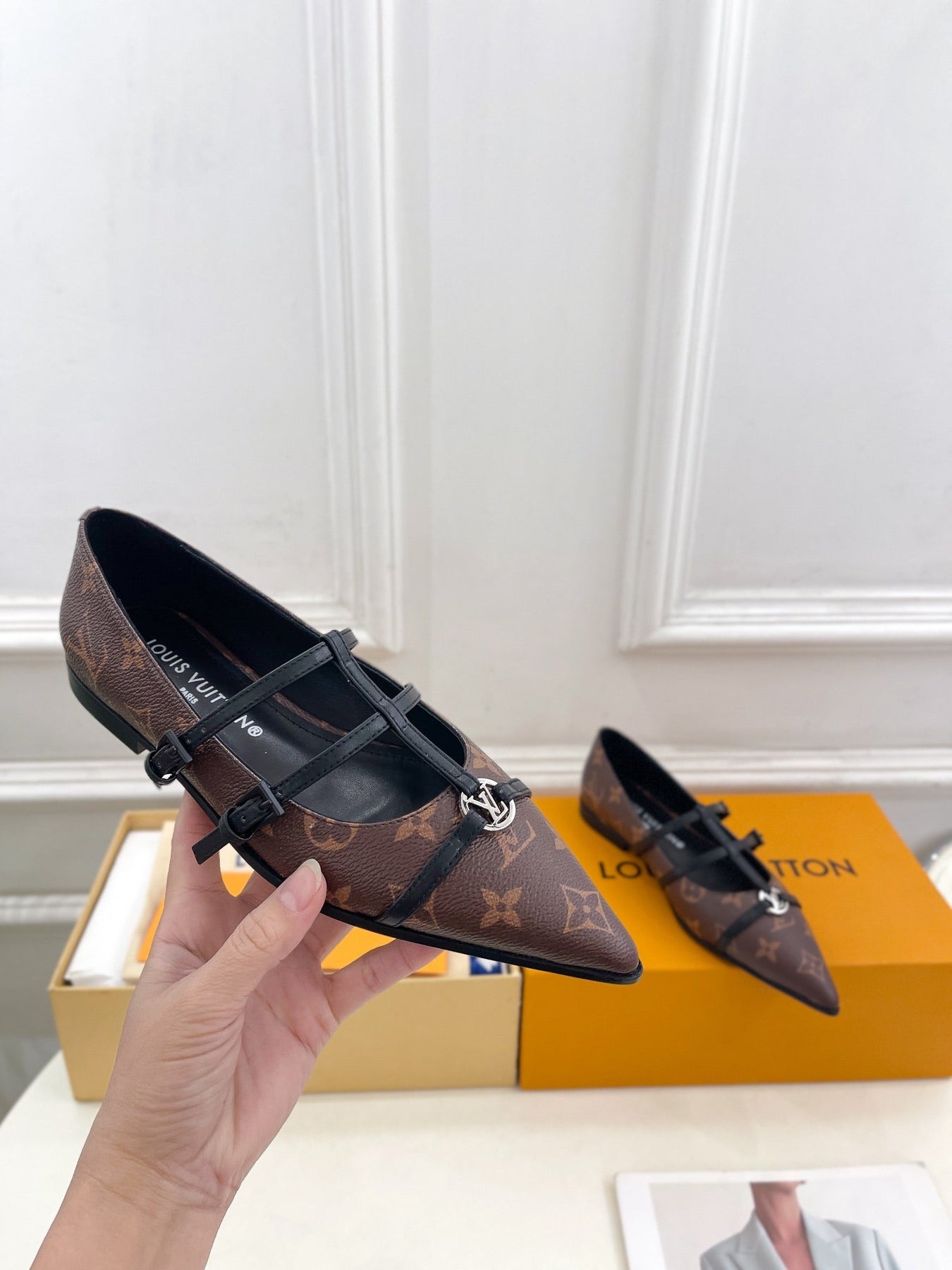 POINTED FLAT SHOES IN CHOCOLATE BROWN MONOGRAM CALFSKIN
