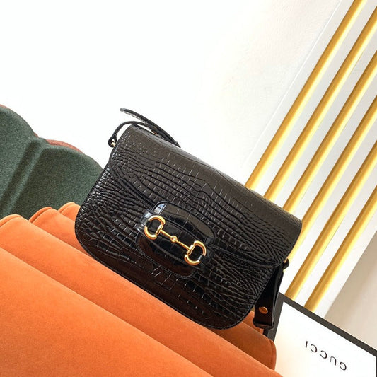 GG 1955 Horsebit Bag 25cm Black Crocodile Leather Gold Hardware