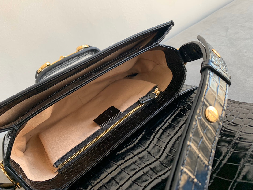 GG 1955 Horsebit Bag 25cm Black Crocodile Leather Gold Hardware